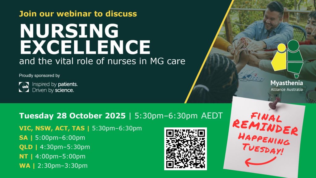 Final reminder to join Myasthenia Alliance Australia’s Nursing Excellence Webinar about the vital role of nurses in MG care, happening Tuesday.