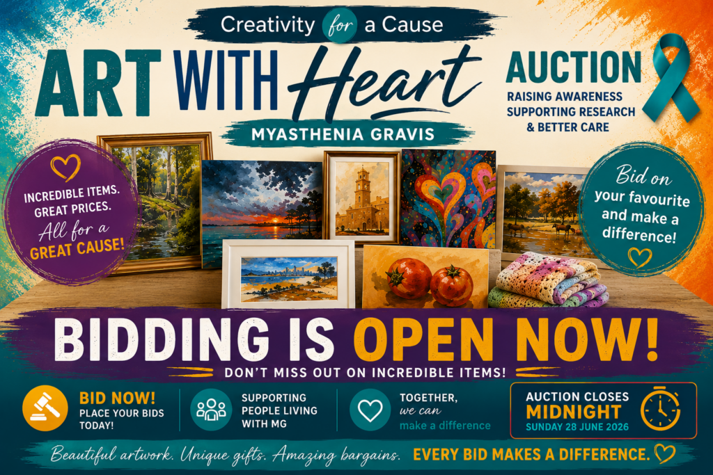 Art With Heart Auction 2026 featuring donated artwork and handmade items raising awareness and funds for Myasthenia Gravis research, advocacy and support.